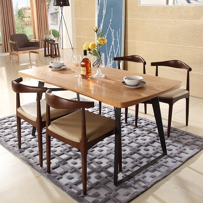 美式现代简约铁艺4人餐桌创意桌子简易实木长方形休闲餐桌椅组合
