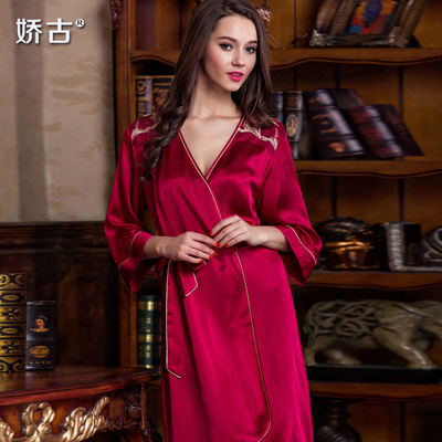 2016娇古新款开衫真丝睡衣女士睡袍两件套红色性感睡衣长袖家居服