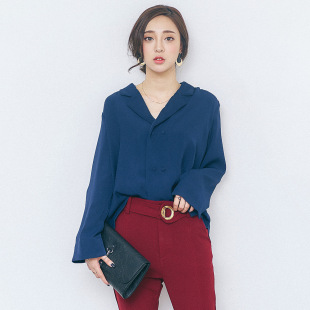 2016秋季新品韩国品牌女装长袖开衫女纯色v领双排扣上衣