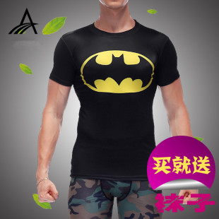 包邮蝙蝠侠大战超人紧身衣男短袖t恤跑步运动健身速干弹力压缩衣