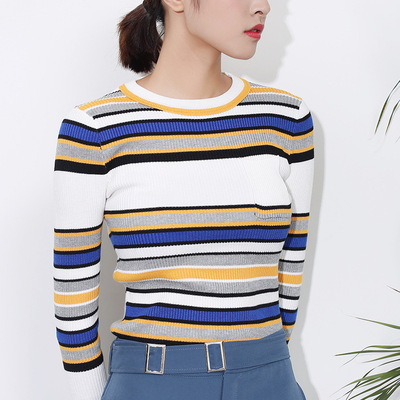 2016秋季新款韩版修身显瘦圆领彩色条纹长袖针织衫女