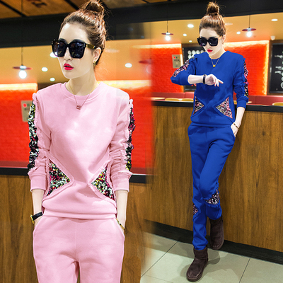 2016春季新款韩版休闲时尚卫衣套装女亮片学生修身显瘦运动两件套