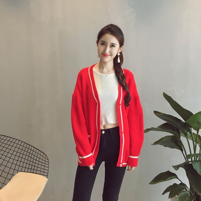 秋季新款韩版女学院风拼色V领针织开衫宽松长袖毛衣外套+H510