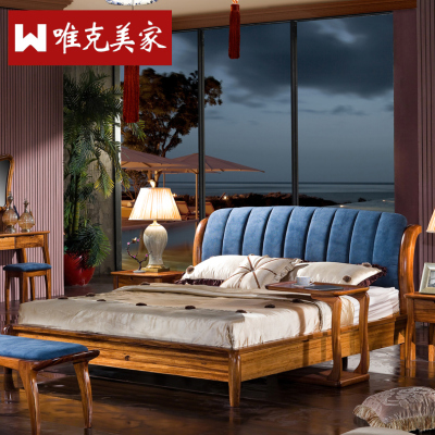 唯克美家 现代新中式布艺靠背实木床1.8米 乌金木双人床储物婚床