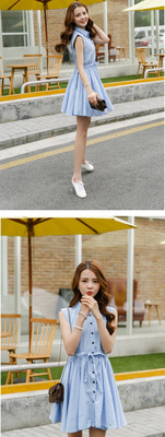 2015夏季时尚女装韩版新款纯色收腰修身无袖百褶裙连衣裙