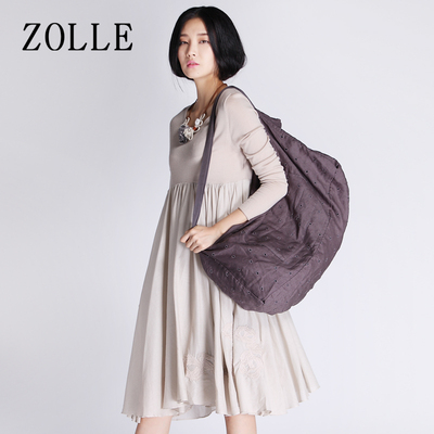 ZOLLE因为 2015春秋新款 欧美长袖百褶裙 套头圆领中长款连衣裙