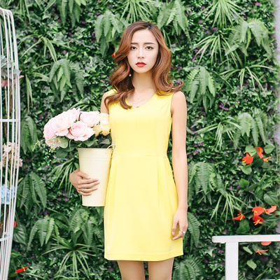 夏季紧身显瘦 2015新款OL黄色雪纺连衣裙春夏裙子女款中长款韩版