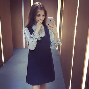 2016年秋季韩版新款女装学生裙子套装长袖衬衫+背带连衣裙两件套