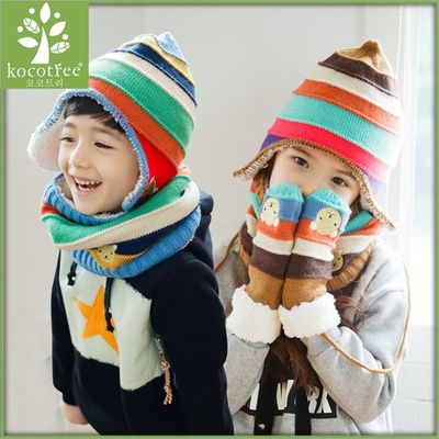 韩国KK树儿童帽子围巾手套套装一体男童女童冬季宝宝保暖护肤套装