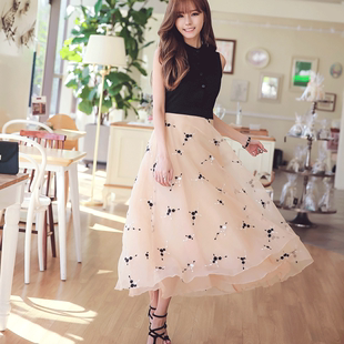 夏季新款韩版时尚女装时尚无袖撞色拼接黑花刺绣网纱长款连衣裙潮