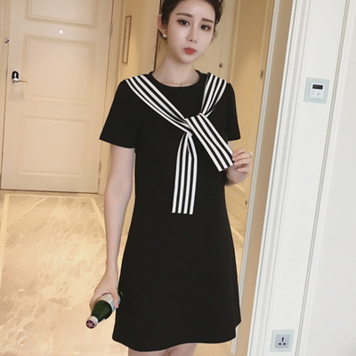 韩国学院风气质显瘦条纹系带拼接连衣裙女