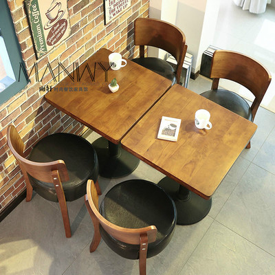 西餐厅咖啡厅桌椅 2人怀旧方桌 主题餐厅 复古奶茶店实木餐椅组合