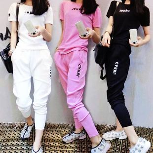 夏季韩版新款打底上衣+长裤子时尚短袖字母休闲运动套装两件套装