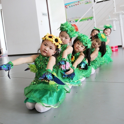 女童绿纱裙蓬蓬裙亮片新款茉莉花幼儿园舞蹈服六一儿童演出服绿色