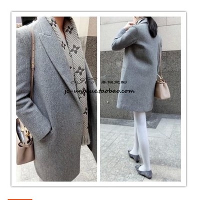 高级定制韩国西装领气质款经典大衣 烟灰色羊绒大衣