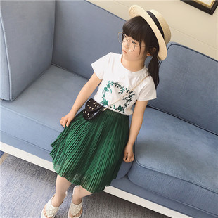 女童韩版套装2017夏季圆领短袖t恤小女孩童装百褶半身裙两件套裙