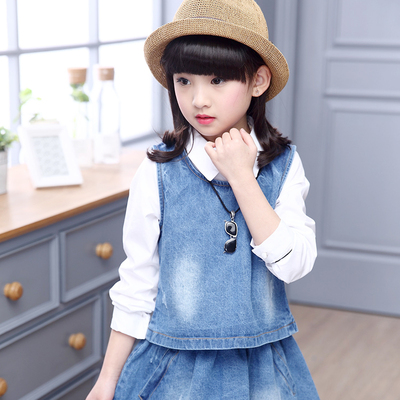 童装2016春秋装女童儿童韩版长袖连衣裙中大童套装牛仔两件套