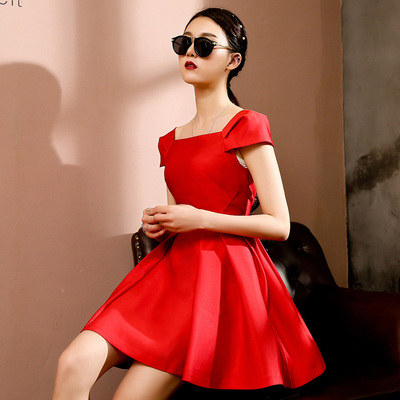 夏季新款高贵气质红色小礼服连衣裙韩版一字领修身显瘦复古连衣裙