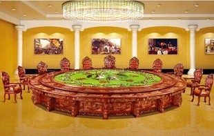 豪华实木雕刻餐桌 橡木电动大圆台 酒店仿古做旧古典实木喷泉转桌