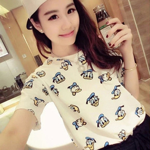 2016夏季新款韩韩版女短袖可爱小鸭子印花T恤宽松显瘦学生上衣