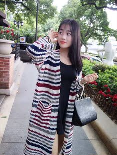 2016秋冬韩国街头流行休闲时尚百搭条纹长款针织毛衣外套女