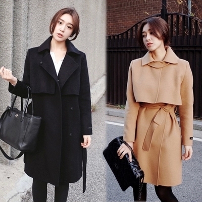 韩国2015秋冬新款韩版气质修身显瘦收腰系带中长款毛呢外套大衣女