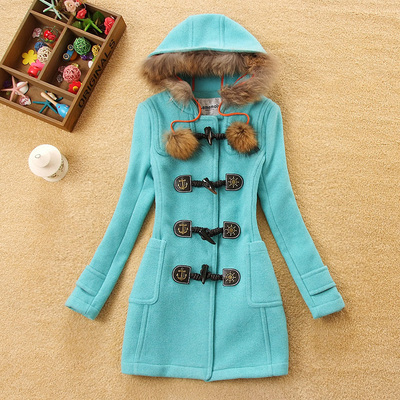 2015冬装新款小熊维尼少女装牛角扣连帽长款毛呢大衣外套