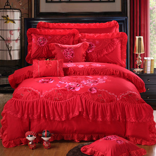 莱美秋 韩式婚庆四六件套全棉大红结婚床上用品八九十多件套床品