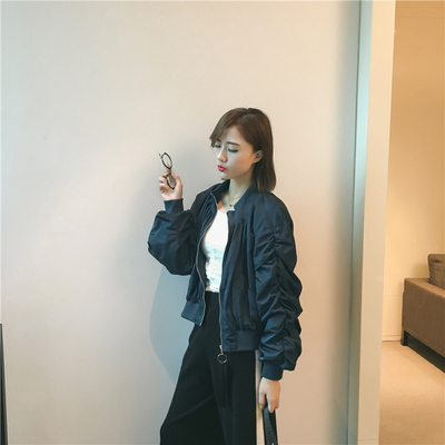 自制款韩版女纯色宽松长袖棒球服休闲褶皱长袖夹克外套+E12