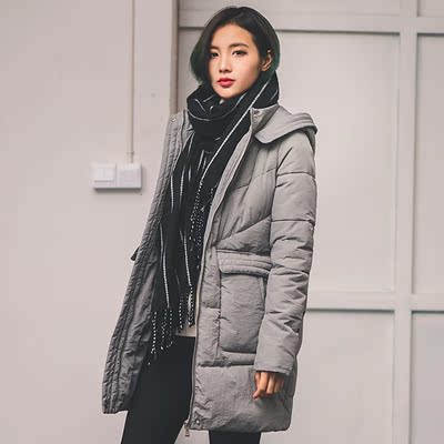 2015冬装新款韩版连帽不可拆卸棉衣 中长款加厚棉服 女 宽松