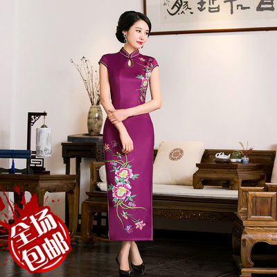 枫玫丝复古女士旗袍 时尚中国风真丝旗袍 短袖长款高开叉