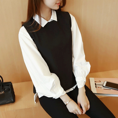 2016秋季新款韩版宽松POLO领白色衬衫女上衣长袖打底衫马甲两件套