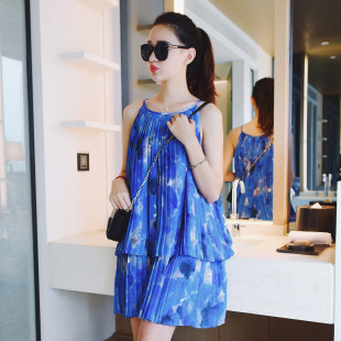 Zzlady2015夏装新款韩版百褶抽象印花双层吊带连衣裙（预售）