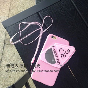 日韩3CE粉色化妆镜子苹果6s手机壳 iphone6plus硅胶挂绳保护套软