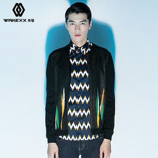 韩版潮流针织衫 新款韩版男式开衫无领拼接 原创品牌学生毛衣外套