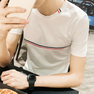 夏季新款韩版男装条纹圆领T恤修身横杆短袖T恤大码青少年打底衫潮