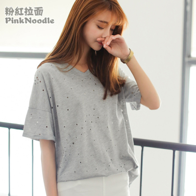 2015夏韩版接头女装破洞做旧纯色休闲时尚大码宽松半袖潮纯棉T恤