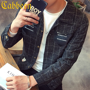 卡宾秋季新款翻领修身夹克衫男时尚韩版青年条纹格子学生呢子外套