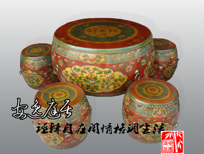 西藏家具藏式彩绘复古牛皮大鼓茶几经桌家居摆设颜色图案可定制