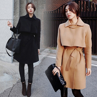 2016秋新款韩版外套女双排扣修身呢子大衣中长款百搭长袖毛呢外套
