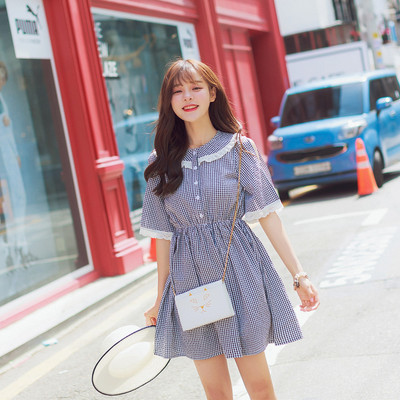 2016韩版女夏装新款高腰圆领五分袖喇叭袖木耳边泡泡格子连衣裙