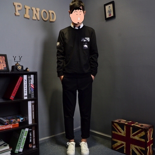 权志龙同款韩版修身小清新学生青少年贴布黑色卫衣潮牌薄款打底衫