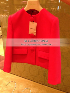独家定制MIU*MIU 2014 单排扣圆领红色短款大衣外套