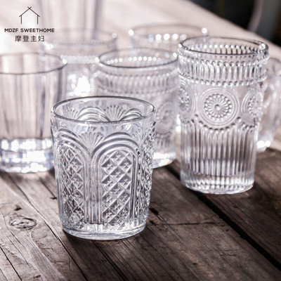 欧式复古浮雕玻璃水杯 创意太阳花果汁杯饮料杯红酒杯 洋酒杯茶杯