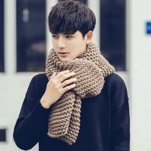 男士青年冬季韩版新款拼色围脖情侣学生粗毛线加厚保暖纯色围巾朝