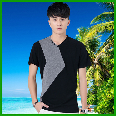 夏季新款时尚男装短袖T恤韩版不规则拼色T恤衫亲年修身上衣纯棉