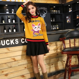 2016秋装新款韩版女外套头长袖针织长袖上衣猫咪哦贴布刺绣厚毛衣