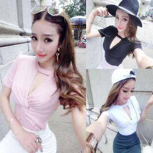 韩版夏季夜店性感女装深V领T恤女短袖修身纯色打底衫交叉镂空上衣