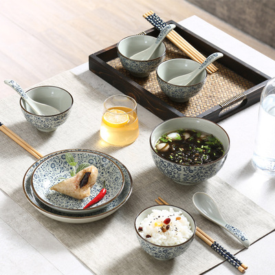 日式特色餐具套装简约家用碗盘碗筷组合农家乐餐具复古米饭碗菜盘