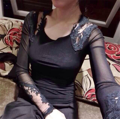 2016春季装新款修身性感网纱透明蕾丝衫显瘦打底衫黑色紧身上衣女